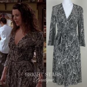 Rare Vintage Silk Wrap Dress B&W Leaf Print As Seen On Lorelai Gilmore Girls